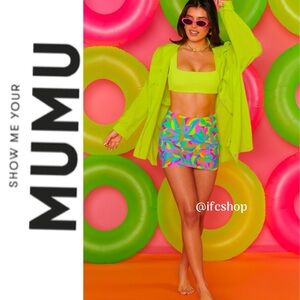 NWT Show Me Your MuMu Mary Mini Skirt in Neon Tropics Contour Scrunch